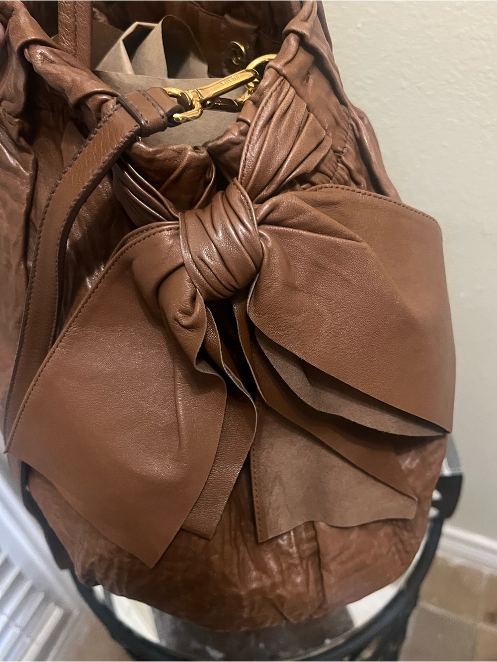 Prada Brown Leather Shoulder Bag with Gold Logo - Picture 4 of 13